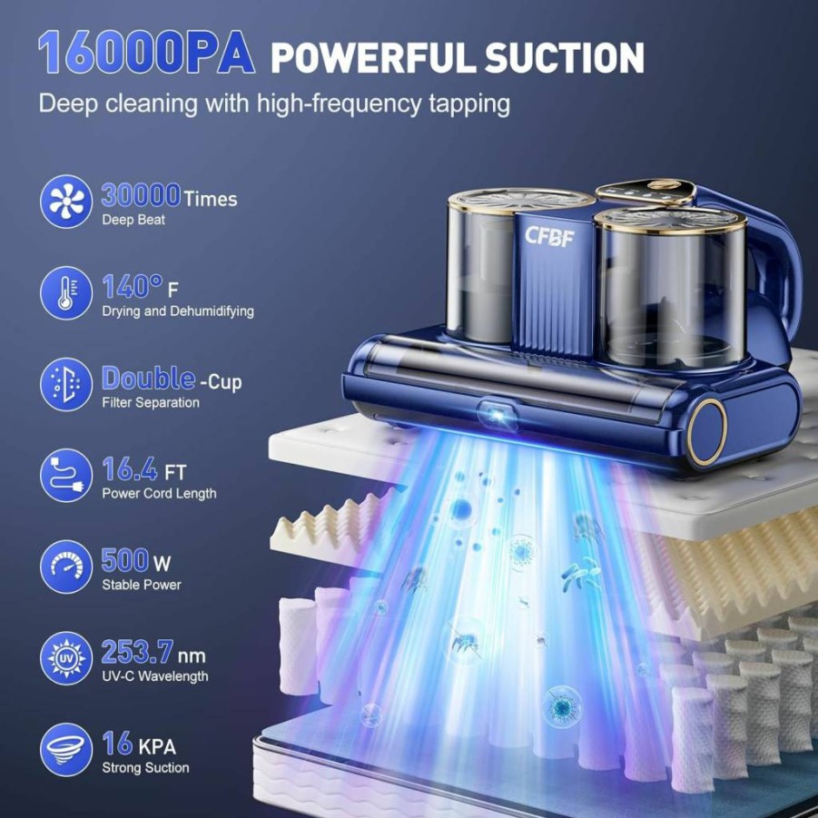 CFBF 500W Powerful Mattress Vacuum Cleaner with UV-C Light, 16Kpa Suction, Ultrasonic & High Heat for Bed, Sofa, Couch - 16.4Ft Corded Handheld Dust Mite Remover