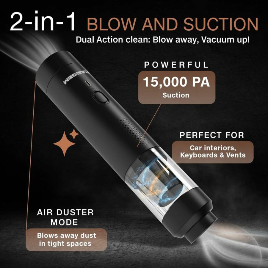 CARGEM Cordless Car Vacuum Cleaner - 15000Pa Handheld Vacuum with 4 Attachments, 2-in-1 Blow & Suction, Dual Filters - Portable for Car, Home, Office