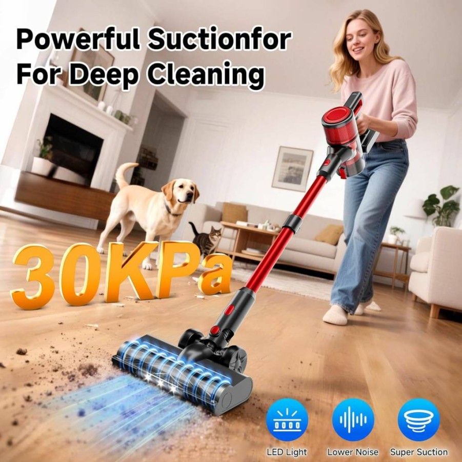 BSNAW Cordless Stick Vacuum Cleaner - 30Kpa Powerful Suction, 45Min Runtime, 8-in-1 Lightweight Handheld Vacuum for Pet Hair, Hard Floors & Carpets, Rechargeable Battery, White
