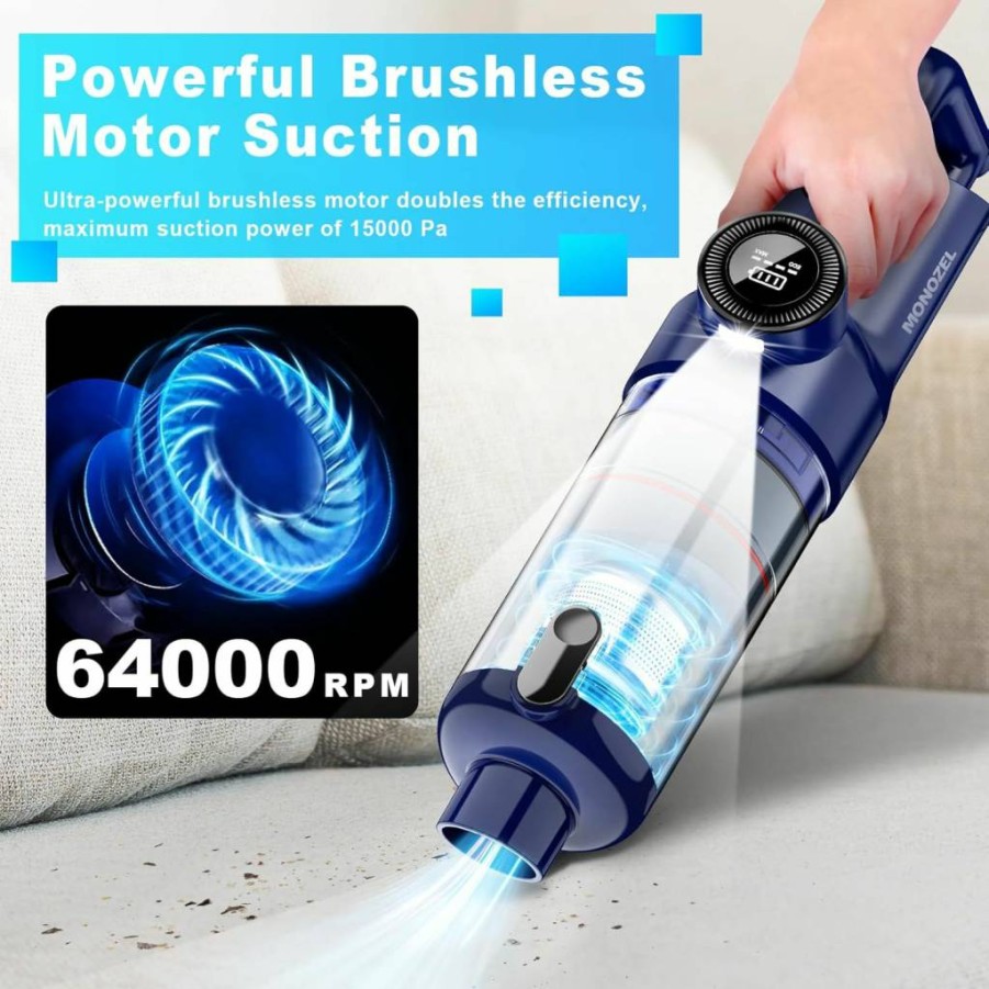 MONOZEL Cordless Handheld Vacuum Cleaner - 15000Pa Strong Suction, Brushless Motor, LED Light, Type-C Charging, 2 Filters, Portable for Car, Home, Pet Hair