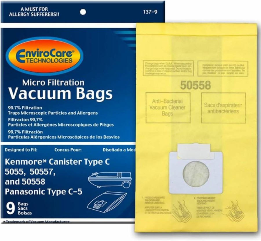 EnviroCare Vacuum Bags 9 Pack - Compatible with Kenmore Canister Models 50555, 50558, 50557 & Panasonic C-5 Type C Vacuums, High-Quality Replacement Filters