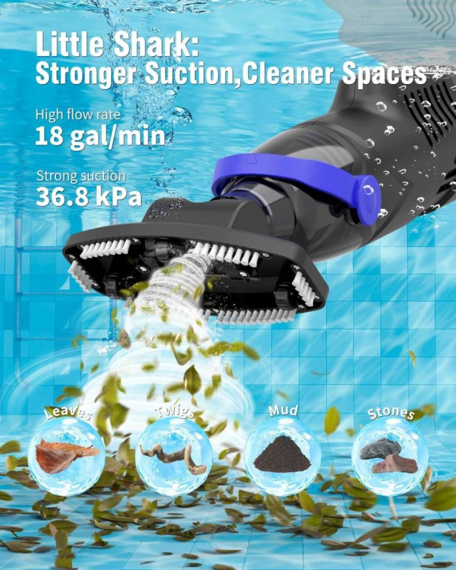 Wuwo Little Shark Cordless Pool Vacuum - 60W Motor, 18 GPM Suction, 5000mAh Battery (1H Runtime), Compact & Lightweight for Above Ground Pools & Hot Tubs