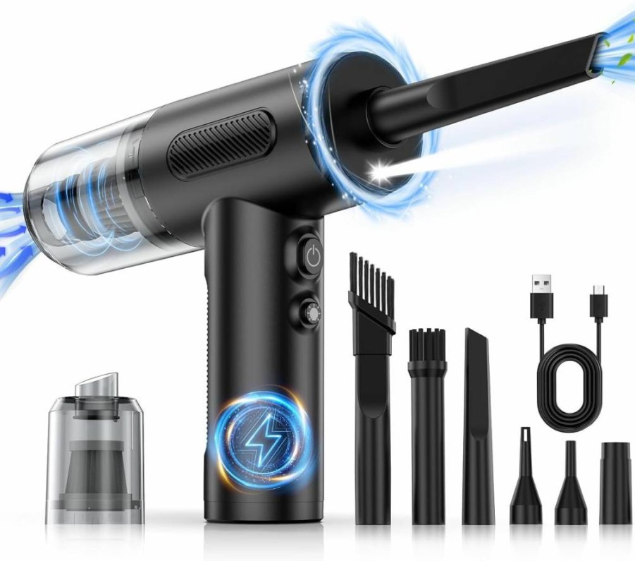 KOPIDOE Electric Air Duster & Car Vacuum - 100,000 RPM High-Speed Blower, 3-Speed Adjustable Keyboard Cleaner with LED Light & 10 Nozzle Attachments for Computer, Car, Electronics (Black)