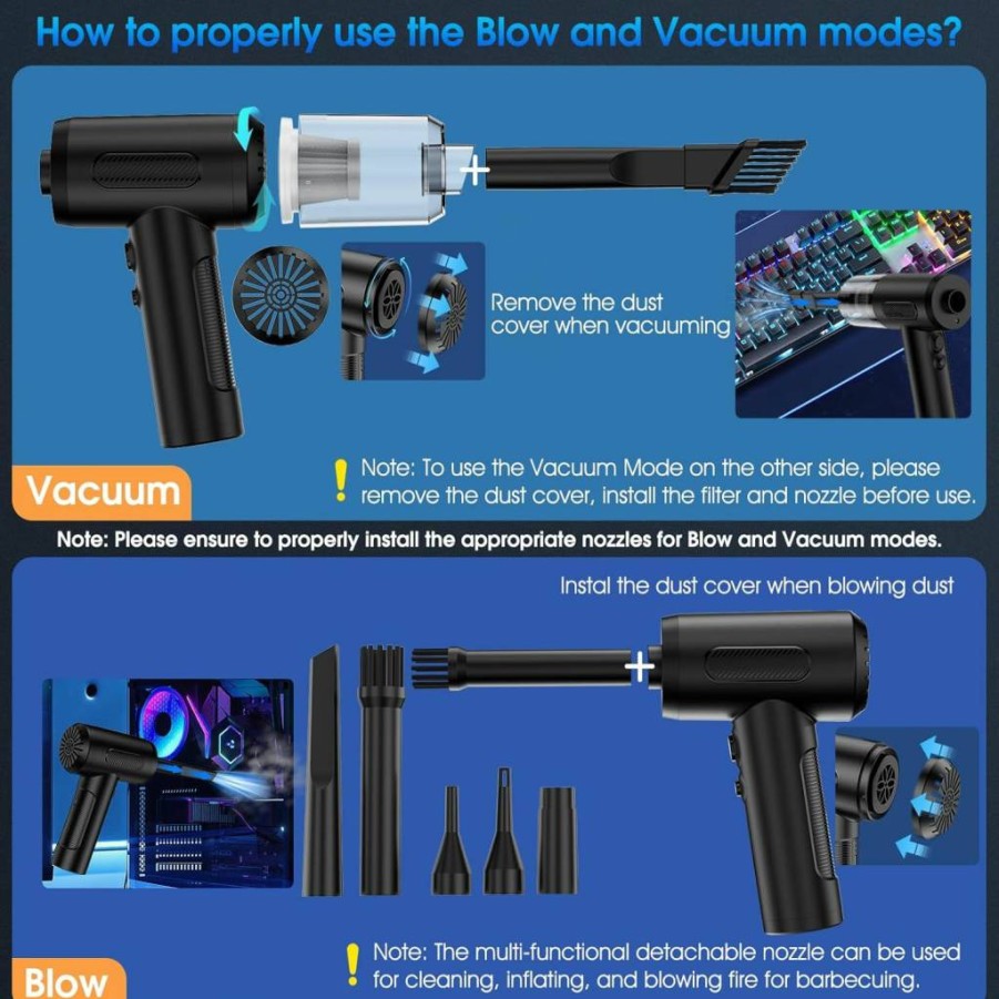 KOPIDOE Electric Air Duster & Car Vacuum - 100,000 RPM High-Speed Blower, 3-Speed Adjustable Keyboard Cleaner with LED Light & 10 Nozzle Attachments for Computer, Car, Electronics (Black)