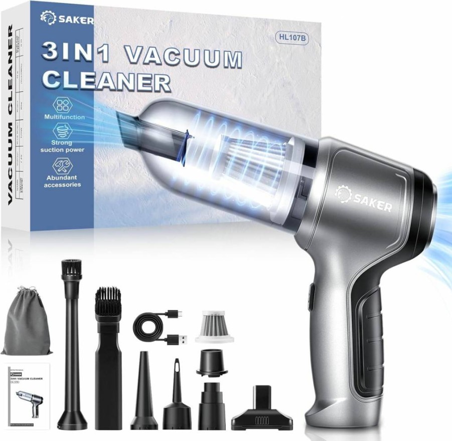 Saker HL107B Cordless Handheld Car Vacuum Cleaner - 15000Pa High Power, 3-in-1 Portable Vacuum with Brushless Motor, USB-C Charging for Auto, Home, Office Cleaning