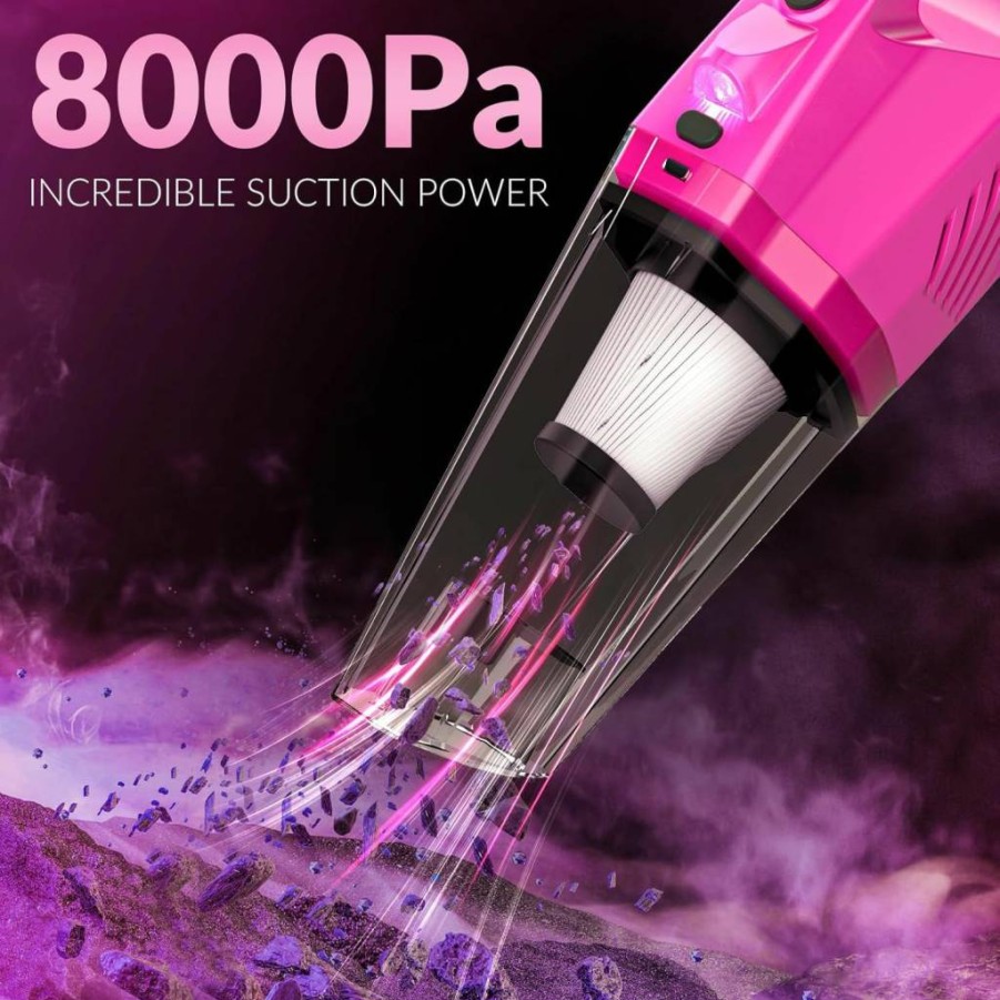 ThinkLearn High Power Handheld Car Vacuum Cleaner Kit with 7Pcs Detailing Brushes, Windshield Cleaner & Accessories for Interior Detailing - Pink Car Cleaning Set for Women