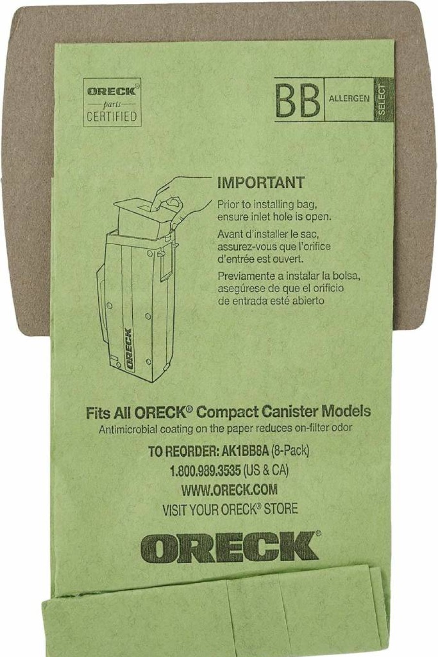 Oreck BB Type Vacuum Bags for Buster B Canister Vacs - 8 Pack Green Refill, Part # AK1BB8A, OEM Replacement