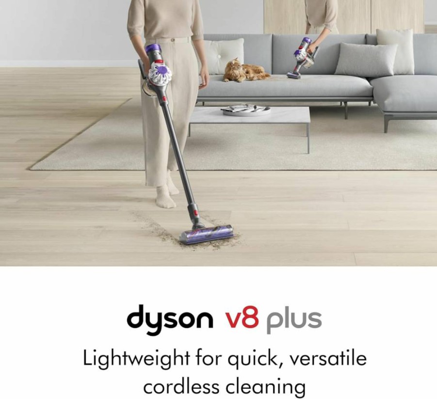 Dyson V8 Plus Cordless Stick Vacuum Cleaner, Silver/Nickel, Lightweight & Powerful for Pet Hair, Hard Floors & Carpets