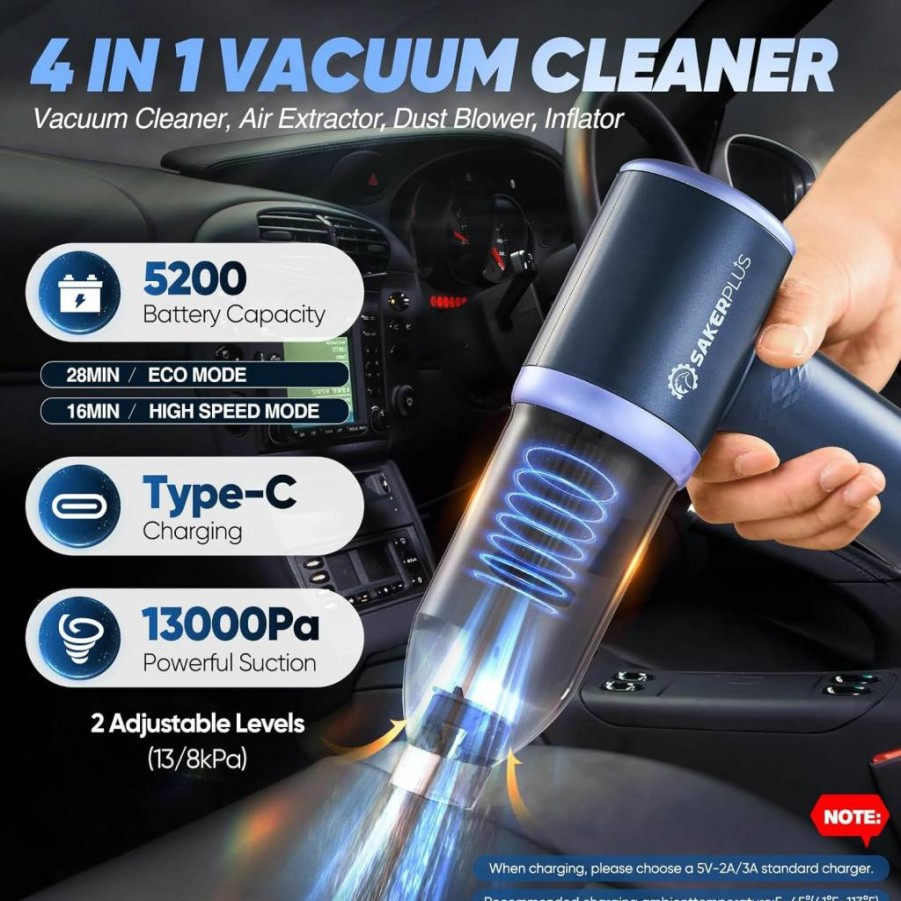 SakerPlus Cordless Handheld Vacuum Cleaner - 13000Pa High Power, 3-in-1 Portable Mini Vacuum for Car & Home, Brushless Motor, Adjustable Desktop Cleaner DBS03