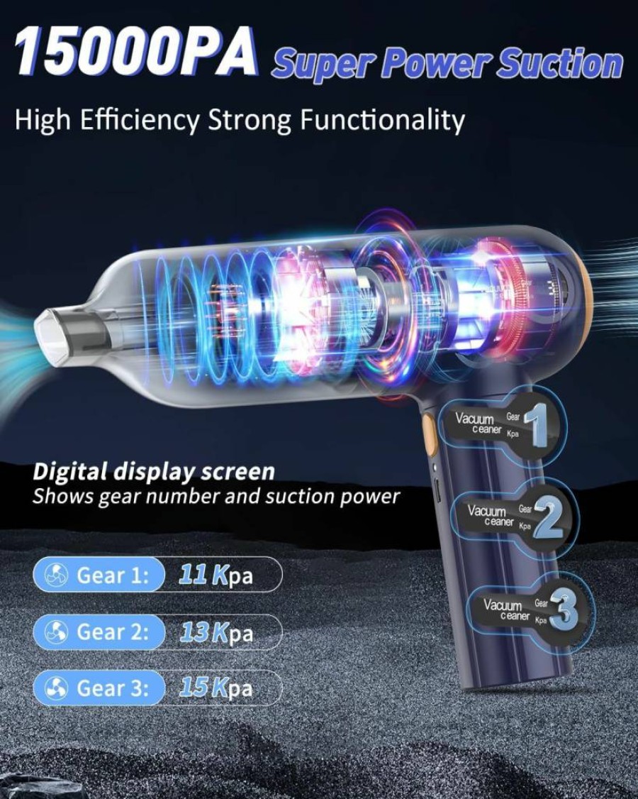 Musclez Cordless Car Vacuum Cleaner - 15000Pa Portable Handheld Vacuum with LED Display, Wireless Air Blower for Pet Hair, Home, Office (Blue) Rechargeable Dust Buster