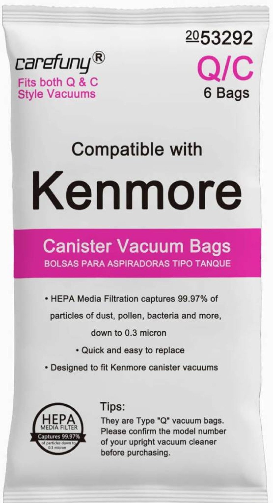 6 Pack CAREFUNY Type Q HEPA Canister Vacuum Bags - Compatible with Kenmore 81214, 81414, 81614, 81615, 81714, 21814, BC7005, BC3005, BC2005 - Replacement for Model 53292