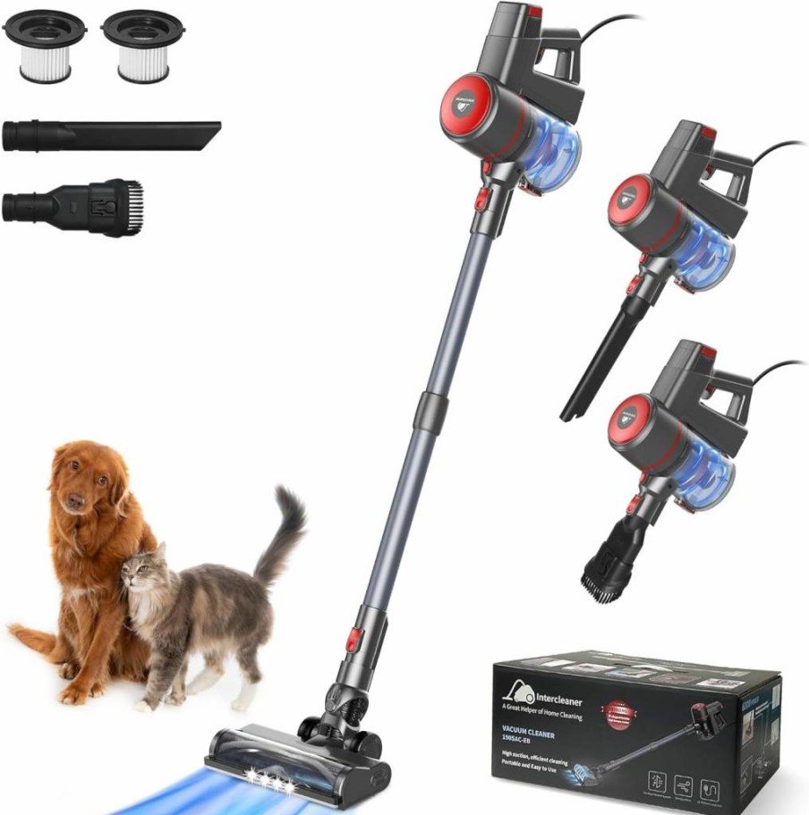 Intercleaner Corded Stick Vacuum Cleaner - 400W Motor, 15Kpa Powerful Suction, Lightweight 12-in-1 for Hardwood Floors, Carpets & Pet Hair, Ultra Quiet with Handheld Mode