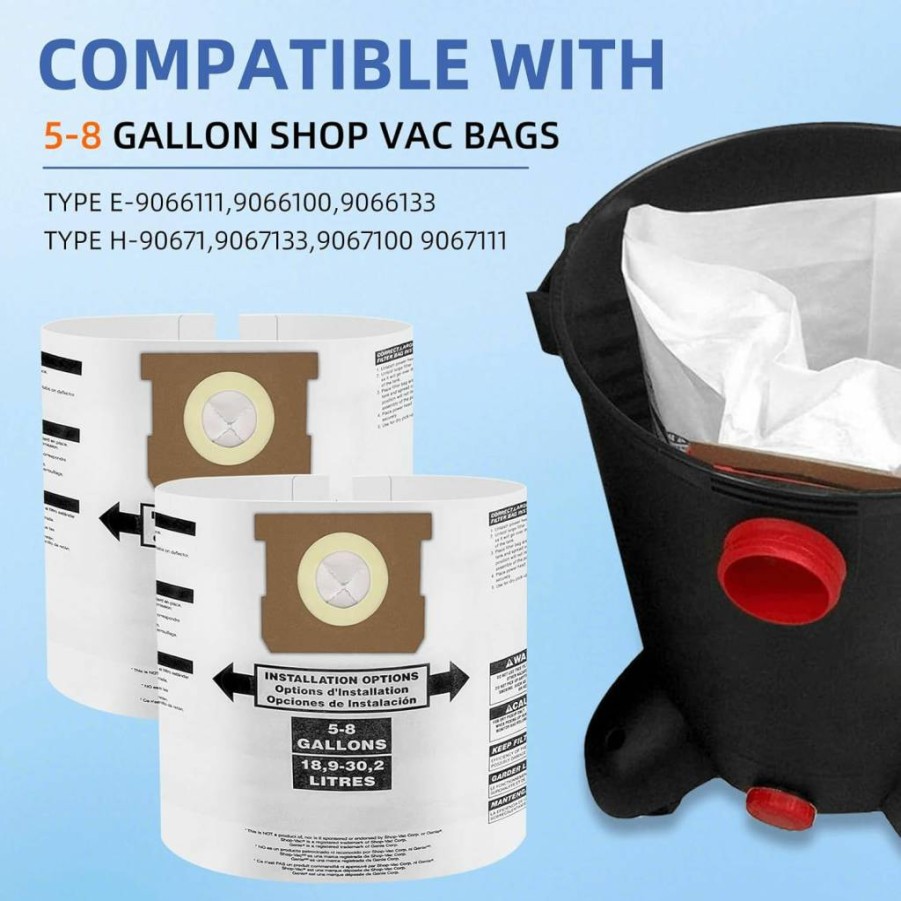 Pulluty 3 Pack Disposable Vacuum Bags Compatible for Shop-Vac 5-8 Gallon, Type E 90661/9066100/9066133 & Type H 90671/9067100/9067133, VF2004 Filter Collection Bags