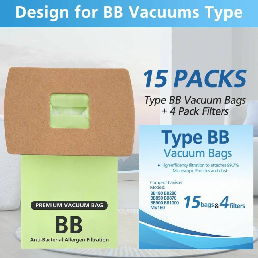 iSingo 15 Pack Type BB Vacuum Bags Replacement for Oreck XL Buster B, Compatible with Models PKBB12DW BB180 BB280 BB850 BB870 BB900 BB1000 MV160 - Includes 4 Motor Filters