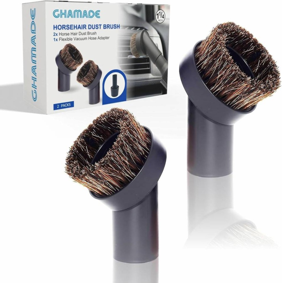 GHAMADE 3 Pack Horsehair Vacuum Brush Attachments - 1-1/4 Inch Round Dust Brush with Soft Bristles, Includes 32mm to 35mm Hose Adapter for Vacuum Cleaner Accessories