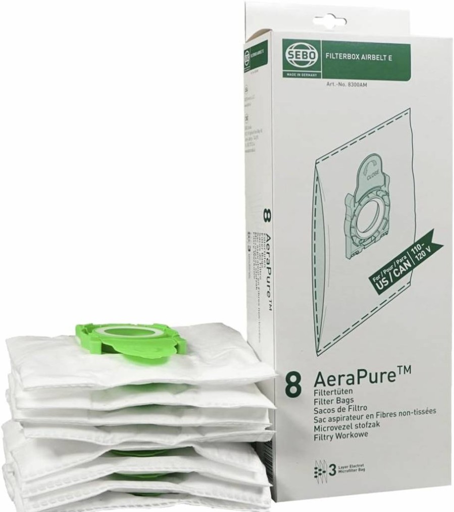 SEBO 8300AM Premium 3-Layer Filter Bag Box with Caps – 8 Replacement Bags for SEBO Vacuum Cleaners