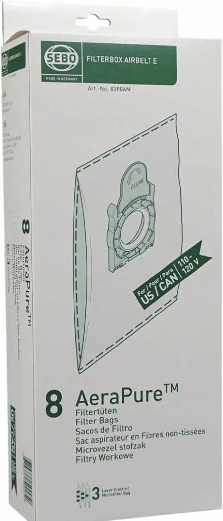 SEBO 8300AM Premium 3-Layer Filter Bag Box with Caps – 8 Replacement Bags for SEBO Vacuum Cleaners