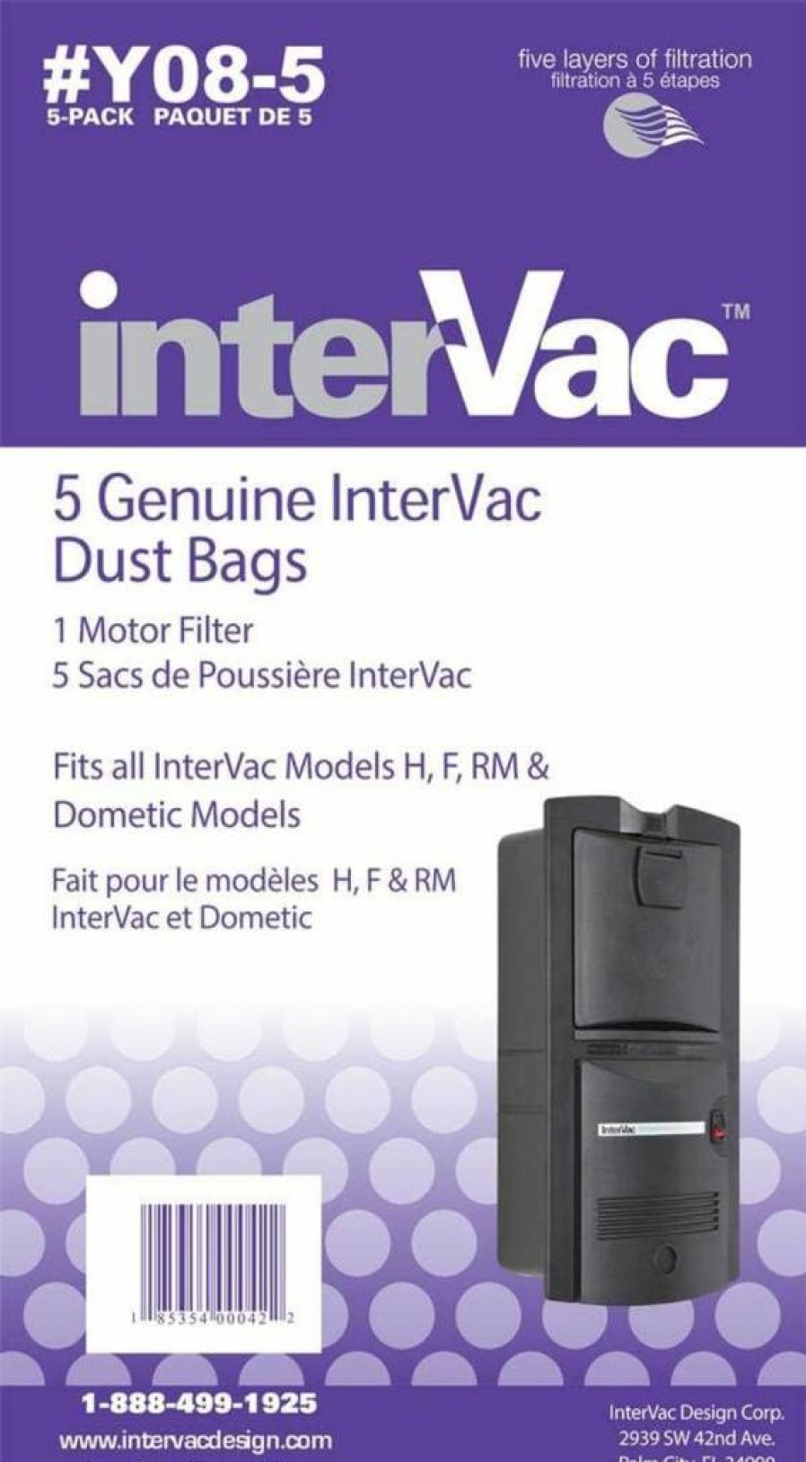 InterVac Design Corp 5-Pack Y08-5 Vacuum Dust Bags & Exhaust Filters for Optimal Performance