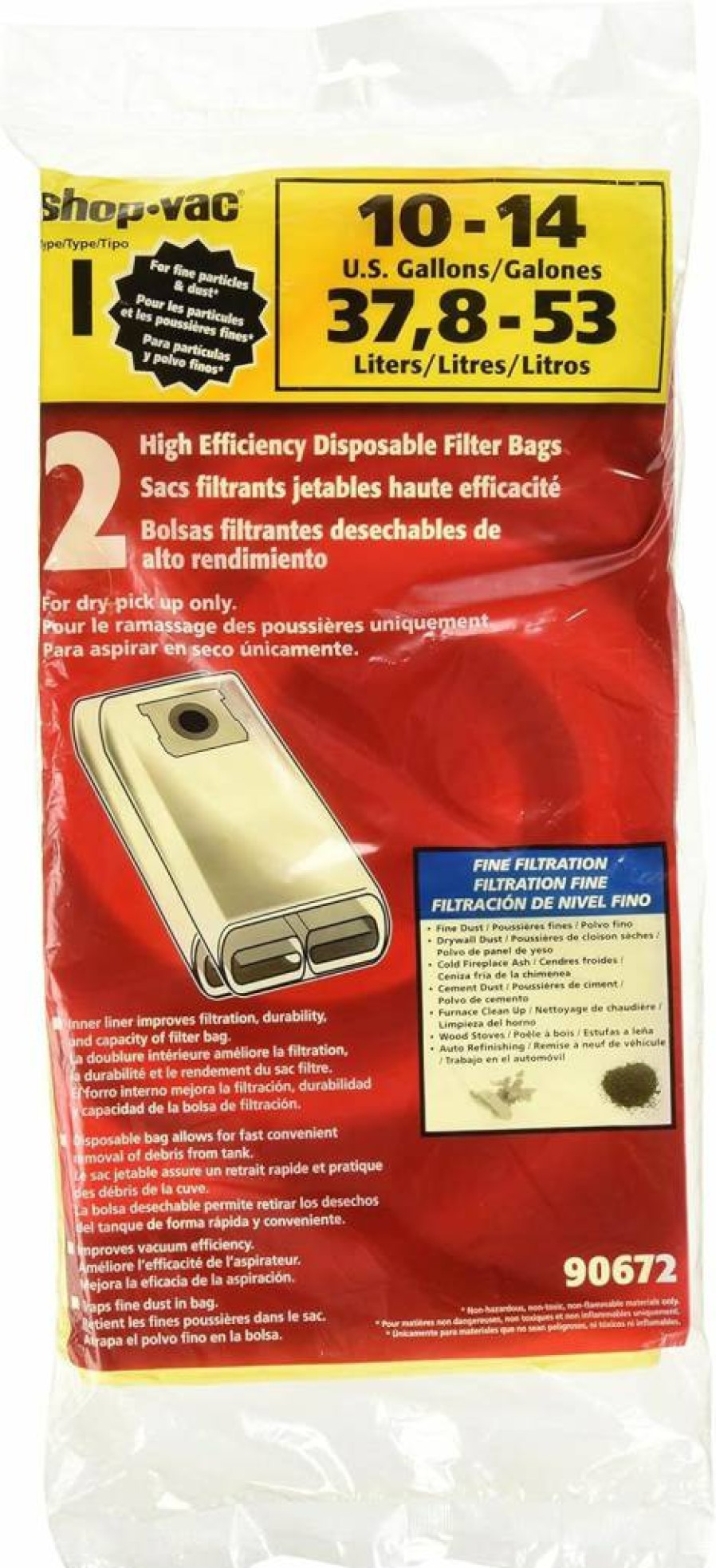 Shop-Vac 9067233 Heavy-Duty Disposable Vacuum Filter Bags, 2-Pack for 10-14 Gallon Tanks, Durable Paper Collection Bags