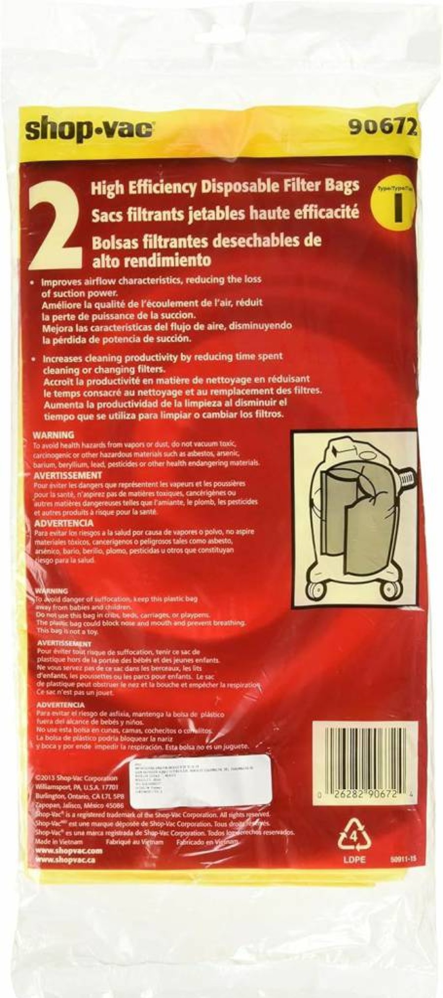 Shop-Vac 9067233 Heavy-Duty Disposable Vacuum Filter Bags, 2-Pack for 10-14 Gallon Tanks, Durable Paper Collection Bags