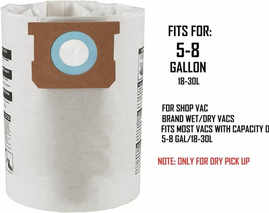 5 Pack FDHF Replacement Filter Bags for 5-8 Gallon Shop Vac, Compatible with Type E 9066100 & Type H 9067100, HEPA Vacuum Cleaner Accessories, White
