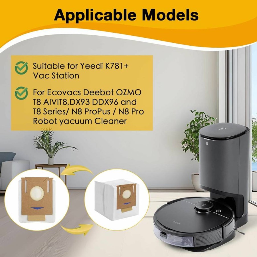 12 Pack Ucoolbe Vacuum Dust Bags Compatible with Yeedi K781+, Ecovacs Deebot T8/T9/N8/N10 Series, Disposable Vacuum Cleaner Bags for Ozmo Aivi Max Pro Plus DX93 DDX96 Models