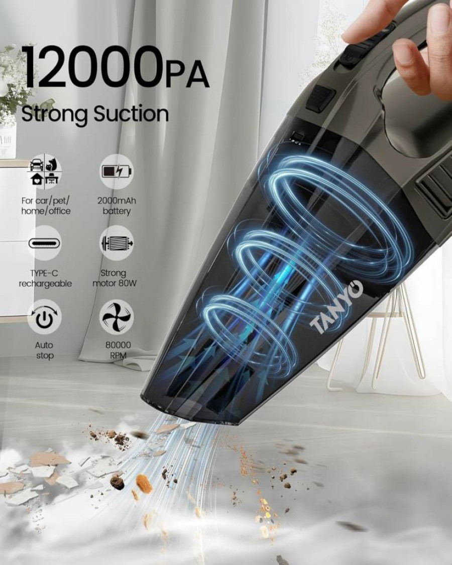 TANYO Cordless Handheld Vacuum Cleaner 12000Pa, Portable Car Vacuum with HEPA Filter, Rechargeable Lightweight Vacuum for Home, Pet Hair, Car Detailing - Ideal Gift for Men & Women