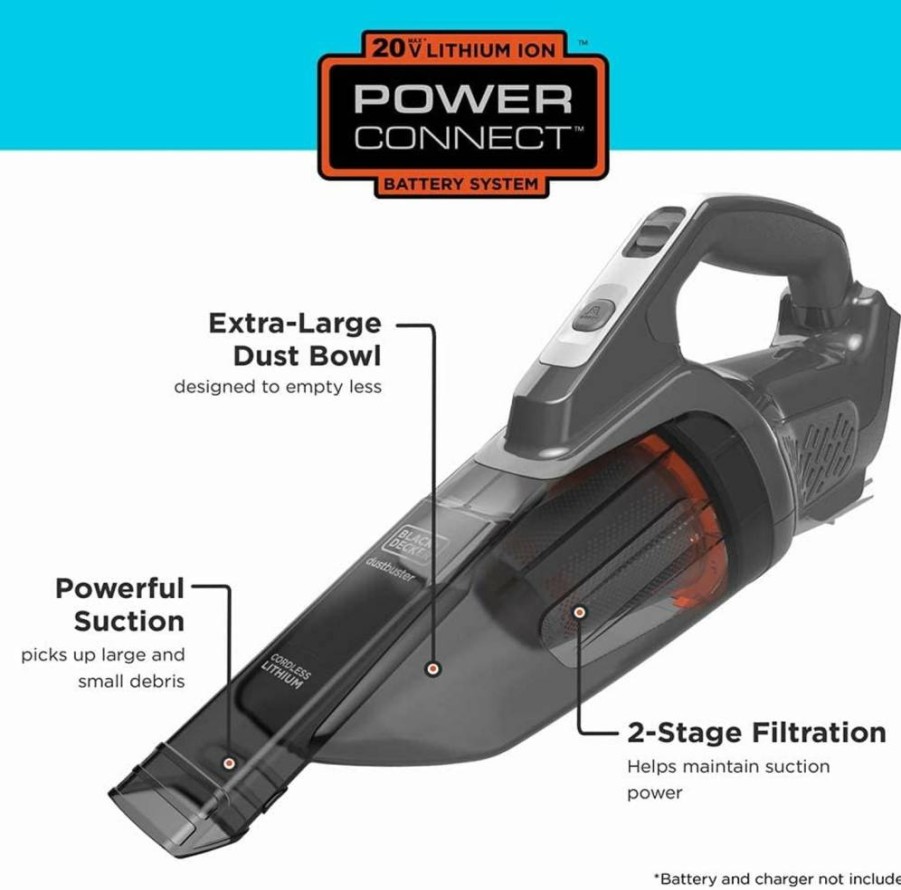 BLACK+DECKER BCHV001B 20V Max Cordless Handheld Vacuum Cleaner, Powerconnect Bare Tool, Lightweight Portable Vacuum for Quick Cleanups, Battery Sold Separately