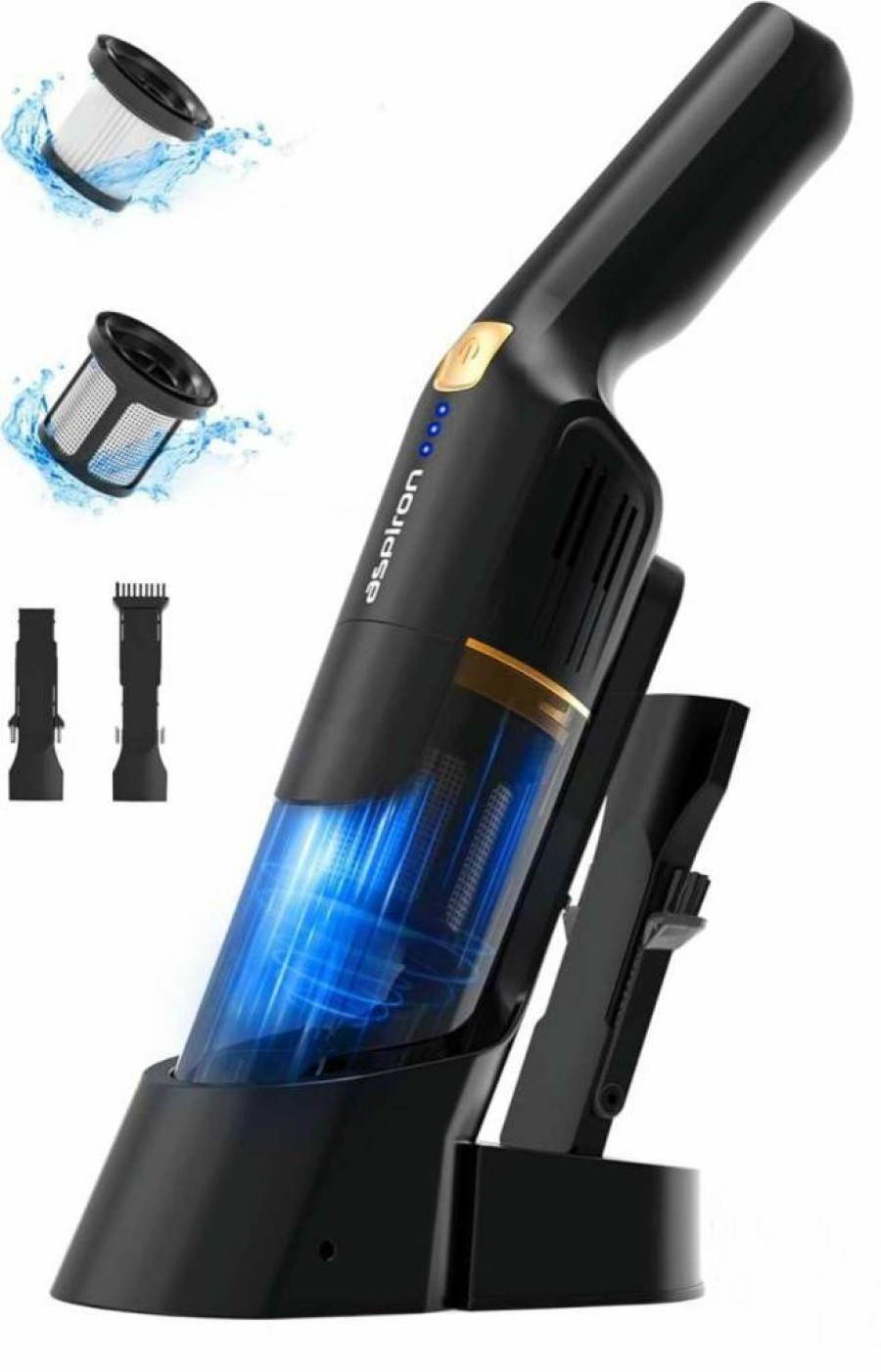 Aspiron Cordless Handheld Vacuum Cleaner - 15Kpa Powerful Suction, Rechargeable with Charging Dock, Lightweight 1.8Lb, 2-Speed for Car & Home, Ergonomic Handle & 2-in-1 Crevice Tool, Black Silver