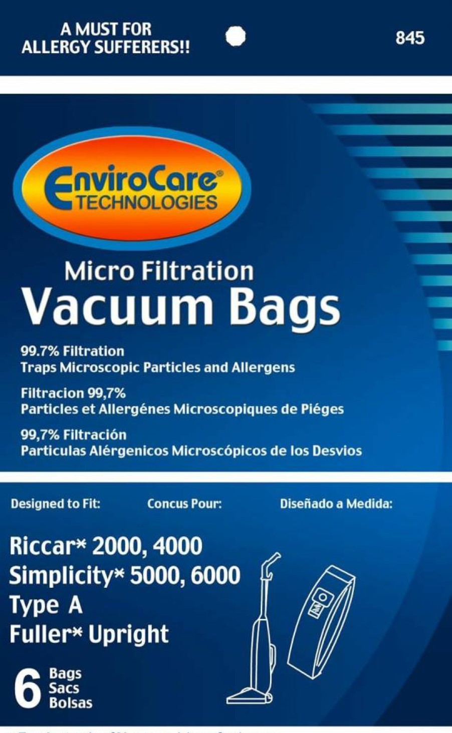 EnviroCare Replacement Vacuum Bags - Compatible with Riccar 2000, 4000, Vibrance Series & Simplicity 5000, 6000, Symmetry Type A - 6 Pack Micro Filtration Dust Bags
