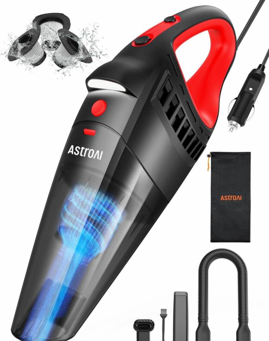 AstroAI Portable Car Vacuum Cleaner 12V with 16.4ft Cord, LED Light & 3 Attachments – Handheld Vacuum for Auto Interior Detailing and Quick Cleaning (Red)