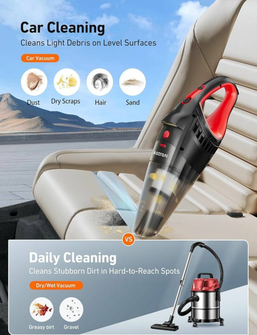 AstroAI Portable Car Vacuum Cleaner 12V with 16.4ft Cord, LED Light & 3 Attachments – Handheld Vacuum for Auto Interior Detailing and Quick Cleaning (Red)