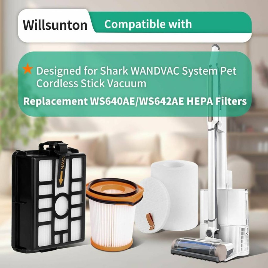 Willsunton 6-Pack Replacement Filters for Shark Wandvac WS642AE/WS640AE Cordless Vacuum - 2 Fabric, 2 HEPA Self-Empty Base, 2 Felt & Foam Filters