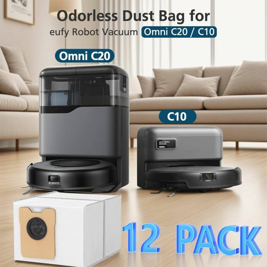 12 Pcs Lacvik Replacement Dust Bags for Eufy RoboVac Omni C10 C20, 3.6L Large Capacity Vacuum Bags with 3-Layer Odor Proof & Leakproof Design