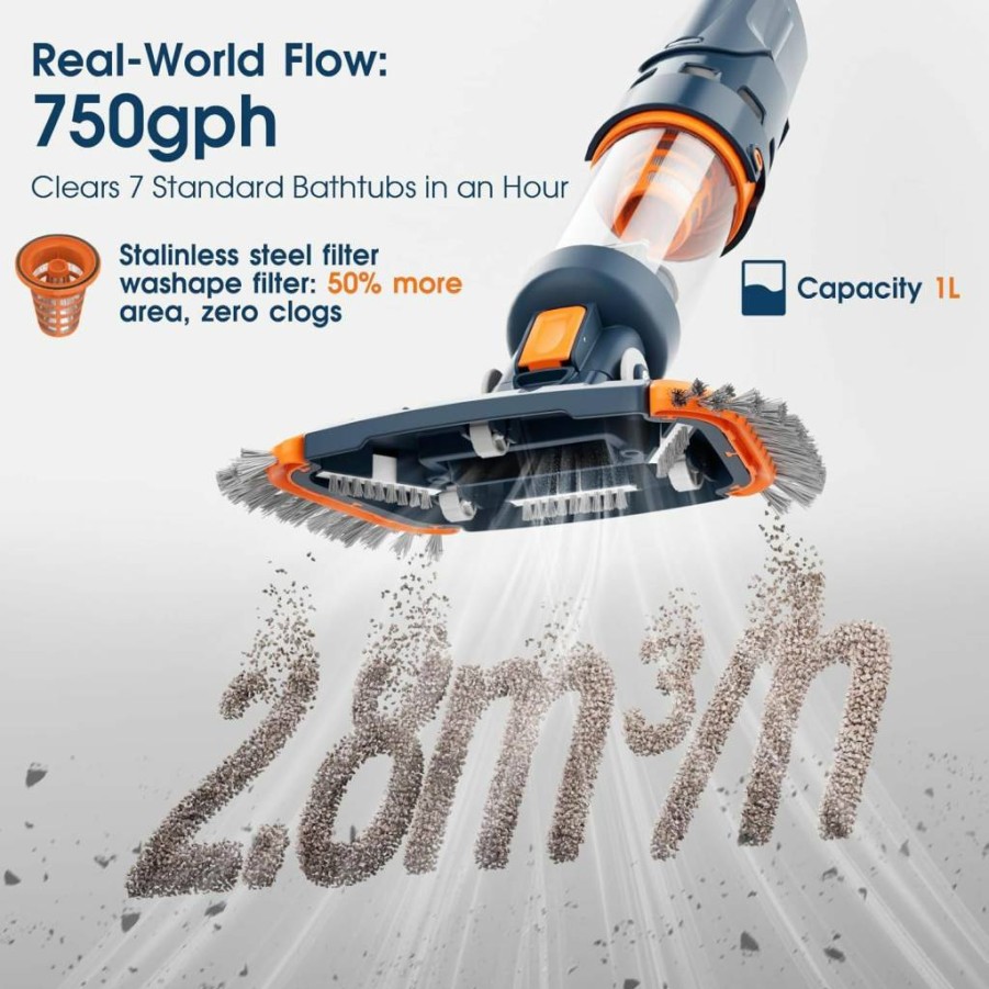 AQUAFYSH Cordless Pool Vacuum Cleaner - 750GPH Strong Suction, 60Min Rechargeable, 3 Fine Mesh Filters, Lightweight with Aluminum Pole & Angle Head for Hot Tubs, Inground, Above Ground Pools
