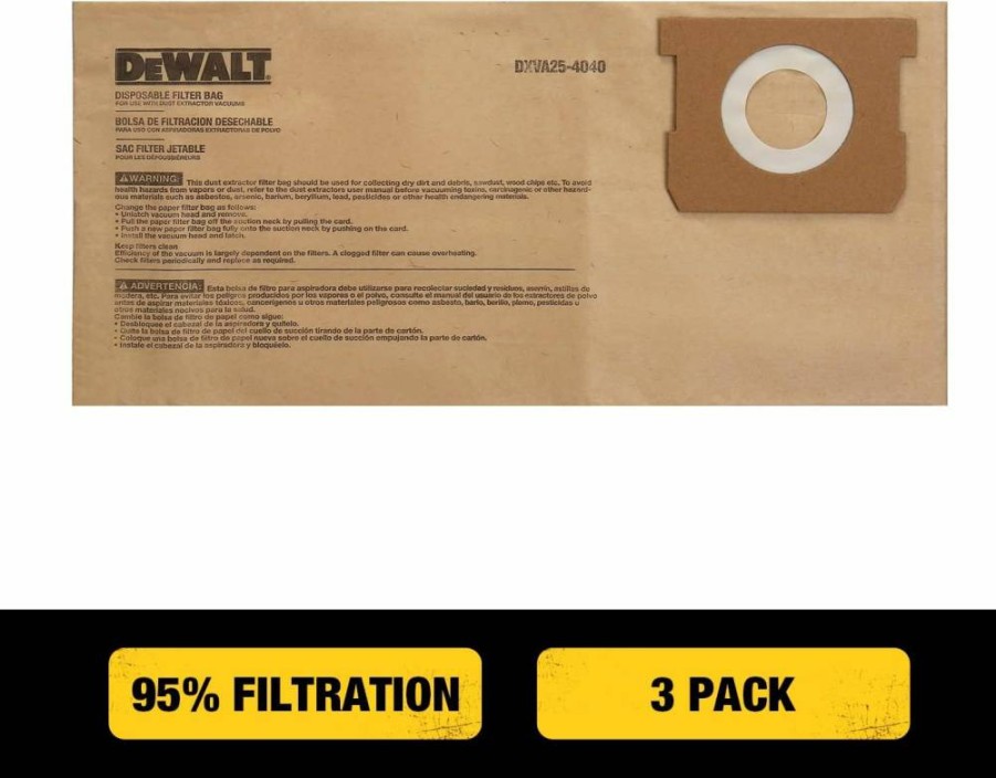 DEWALT DXV06P DXV09P DXV10P Wet/Dry Vacuum Dust Bags 3-Pack, Compatible with 6-10 Gallon Shop Vacuums DXV06P DXV09PA DXV10PL DXV10S DXV10SA DXV10SB Models