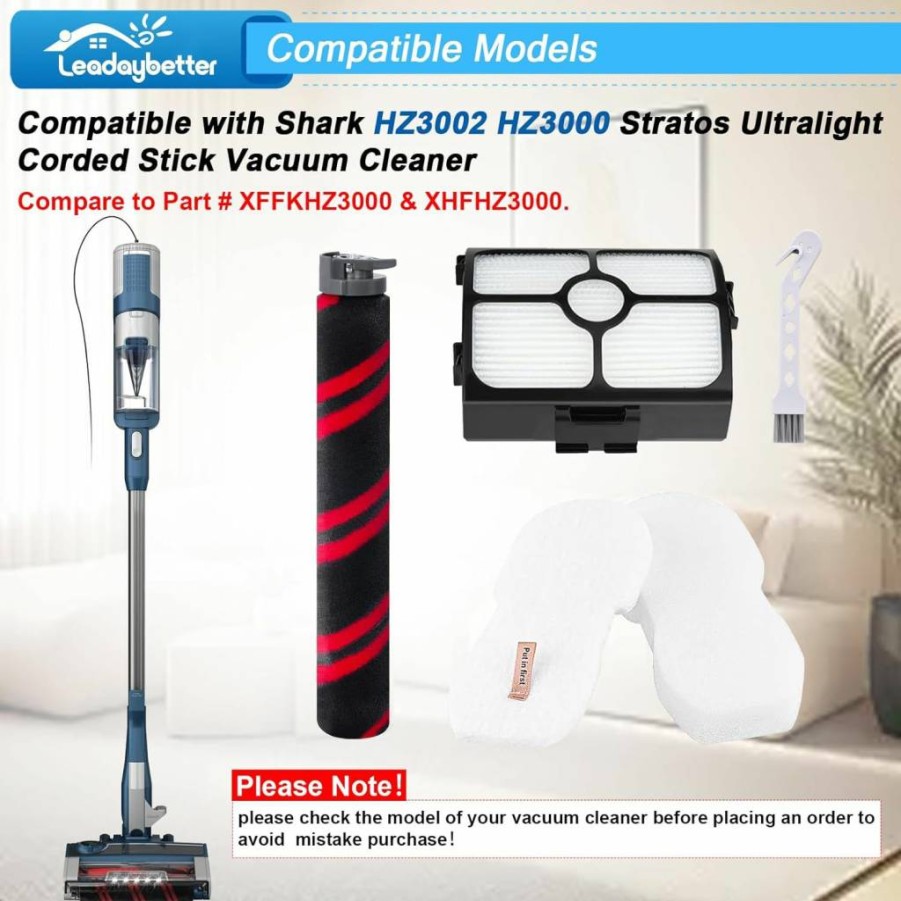 Leadaybetter Hz3002 Vacuum Brush Roller & Filter Replacement Compatible with Shark Hz3002, Hz3000, Stratos Cordless Ultralight & Corded Stick Vacuum - Replaces Part # XFFKHZ3000, XHFHZ3000