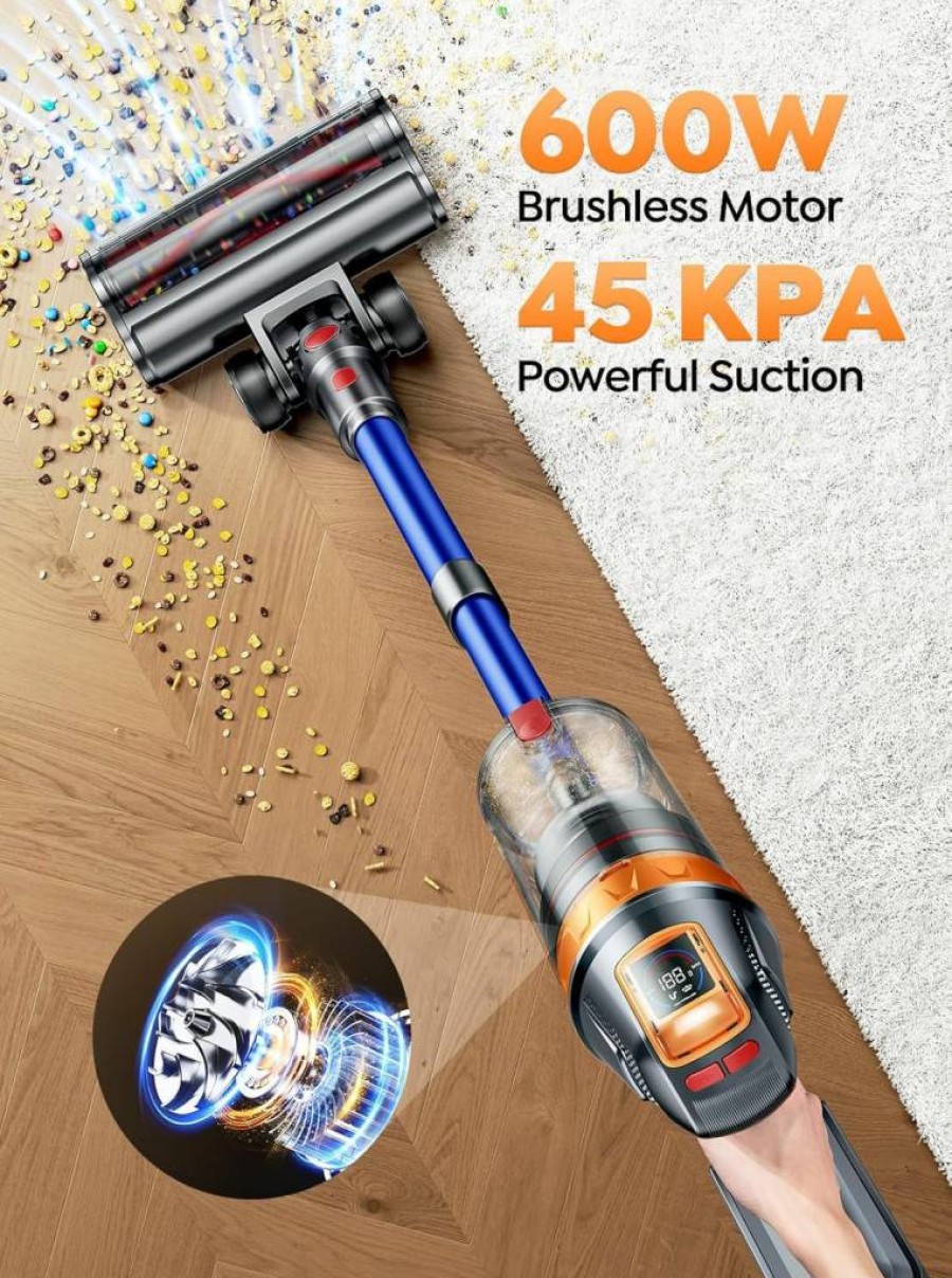 SMOTURE Cordless Stick Vacuum Cleaner, 600W 45Kpa Powerful Suction, 60 Mins Runtime, Self-Standing, Wall Mount Charging, Lightweight for Home Floor Carpet Pet Hair, Includes Upholstery Tool