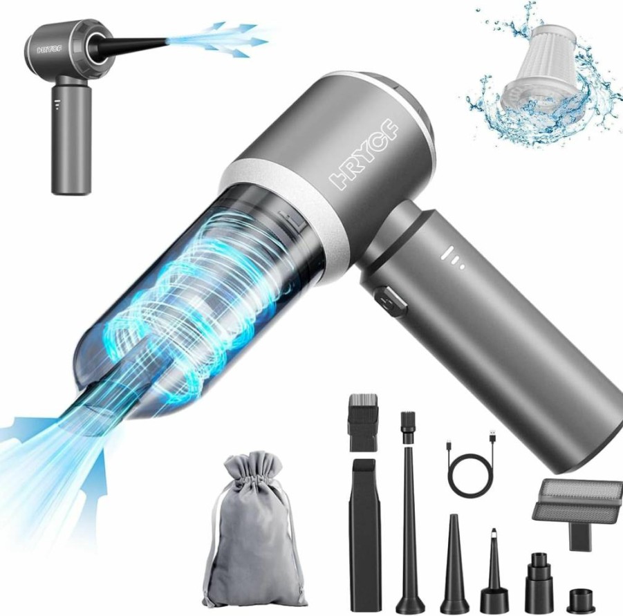 HRYCF 4-in-1 Cordless Mini Vacuum Cleaner - 20000Pa Handheld Vacuum, Air Blower, Pump with Brushless Motor for Car & Home (Portable, Rechargeable, Grey)
