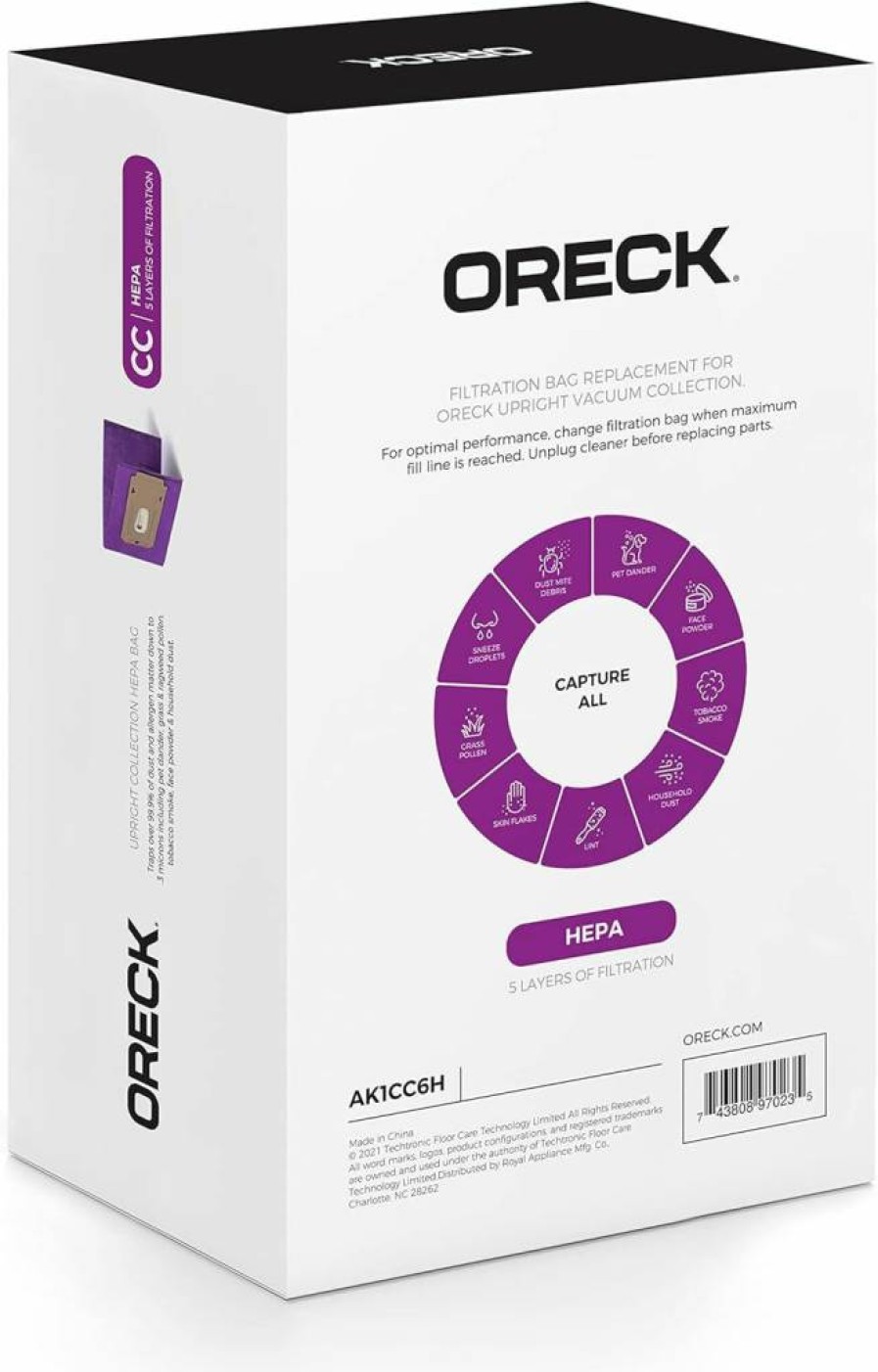 Oreck AK1CC6H HEPA Vacuum Bags, Type CC, 6-Pack for Upright Vacuums, Purple Filtration Replacement Bags