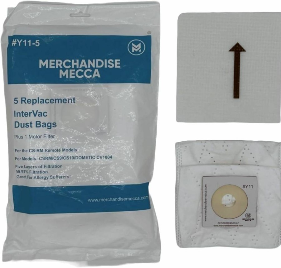 Premium Replacement Vacuum Bags for Intervac CSRM, CS9, CS10 & Dometic CV1004 - 5 Cloth Dust Bags + 1 Motor Filter - Compatible with #Y11-5 - by Merchandise Mecca