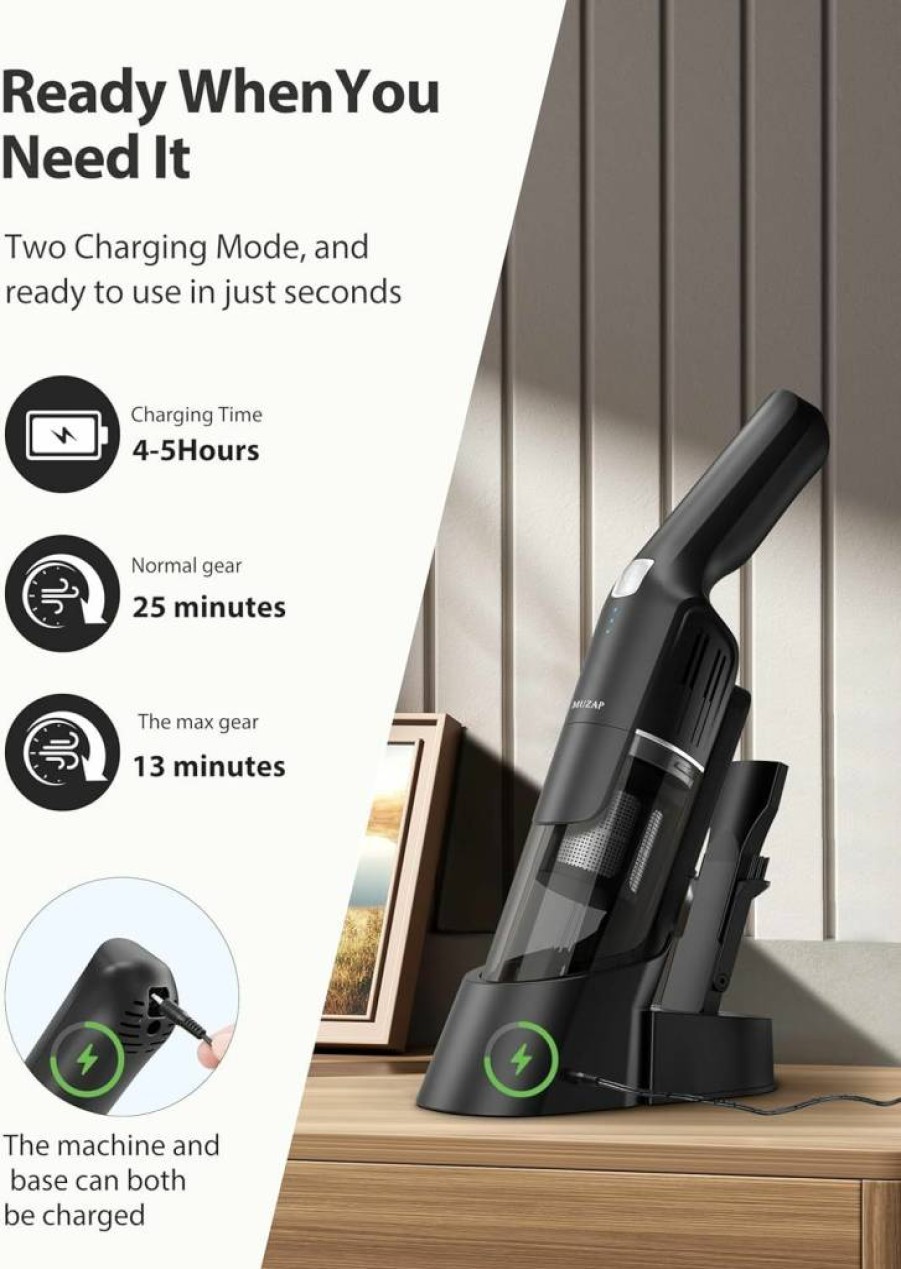 MUZAP Cordless Handheld Vacuum Cleaner - 15Kpa Powerful Suction, 30 Min Runtime, Rechargeable with Charging Base, 500ml Detachable Dust Cup, 1.4Lb Lightweight, 2-in-1 Brush for Car, Pet Hair & Kitchen Cleaning (Black)