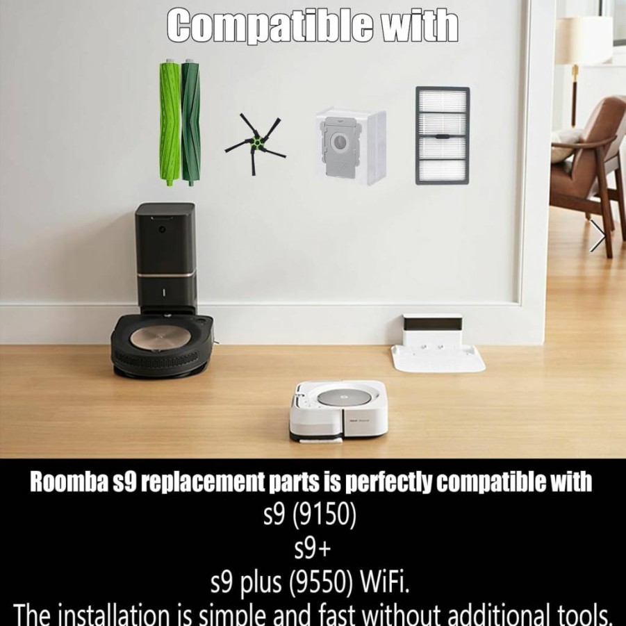 Pmosata Replacement Parts Kit for iRobot Roomba S9 & S9+ (9150/9550) - 2 Rubber Roller Brushes, 8 HEPA Filters, 8 Vacuum Bags, 8 Side Brushes, 2 Cleaning Tools