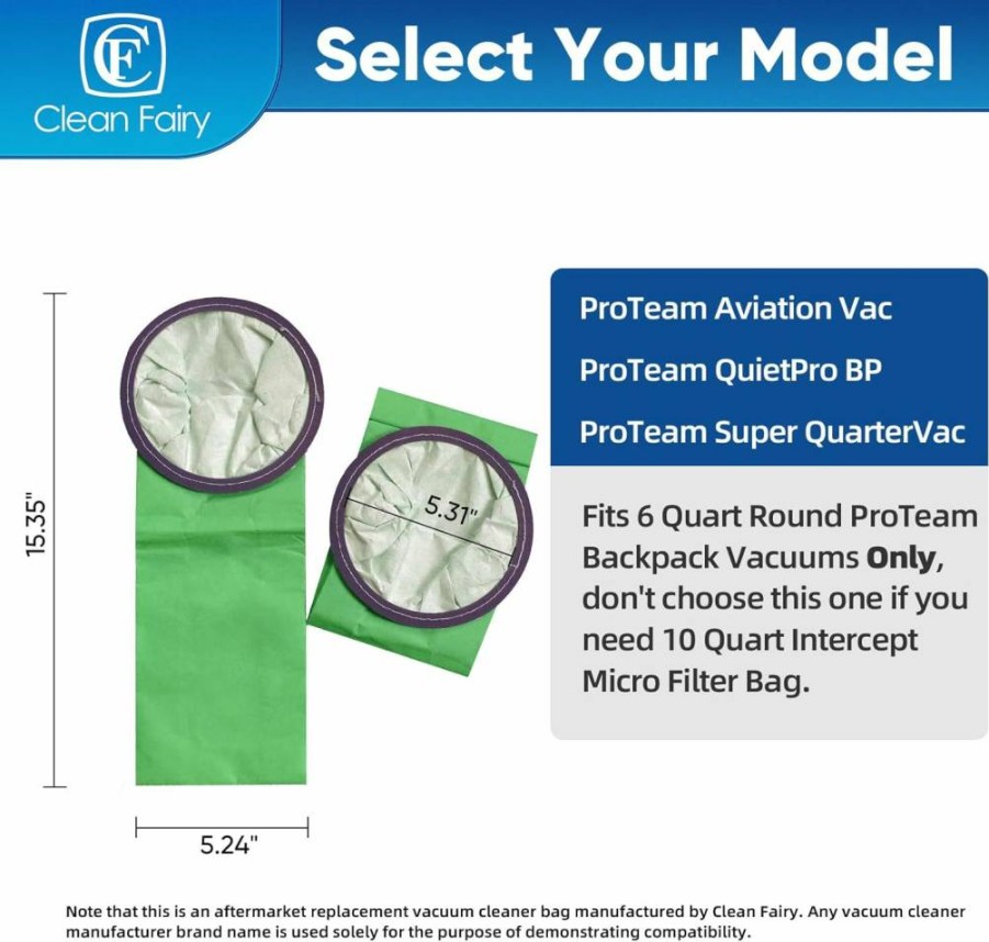 CF Clean Fairy 15-Pack 6Qt Vacuum Bags Replacement for Proteam Aviation Vac QuietPro BP & Super QuarterVac Models, Micro Filter Bags 15.35" x 5.24" (Compatible with Part #100431)