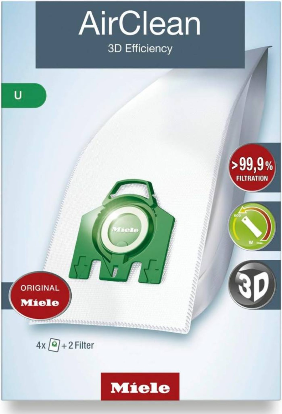 Miele Original Airclean 3D Efficiency U Vacuum Bags - 4 Pack for Dynamic U1 & S7 Models, 99.9% Dust Filtration, Model 10123230