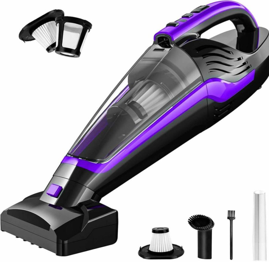 Powools Cordless Handheld Vacuum for Pet Hair - Portable Rechargeable Car Vacuum with Motorized Brush, Reusable Filter for Carpet, Couch & Stairs - Red, 17.4x4.6x6.6 Inches