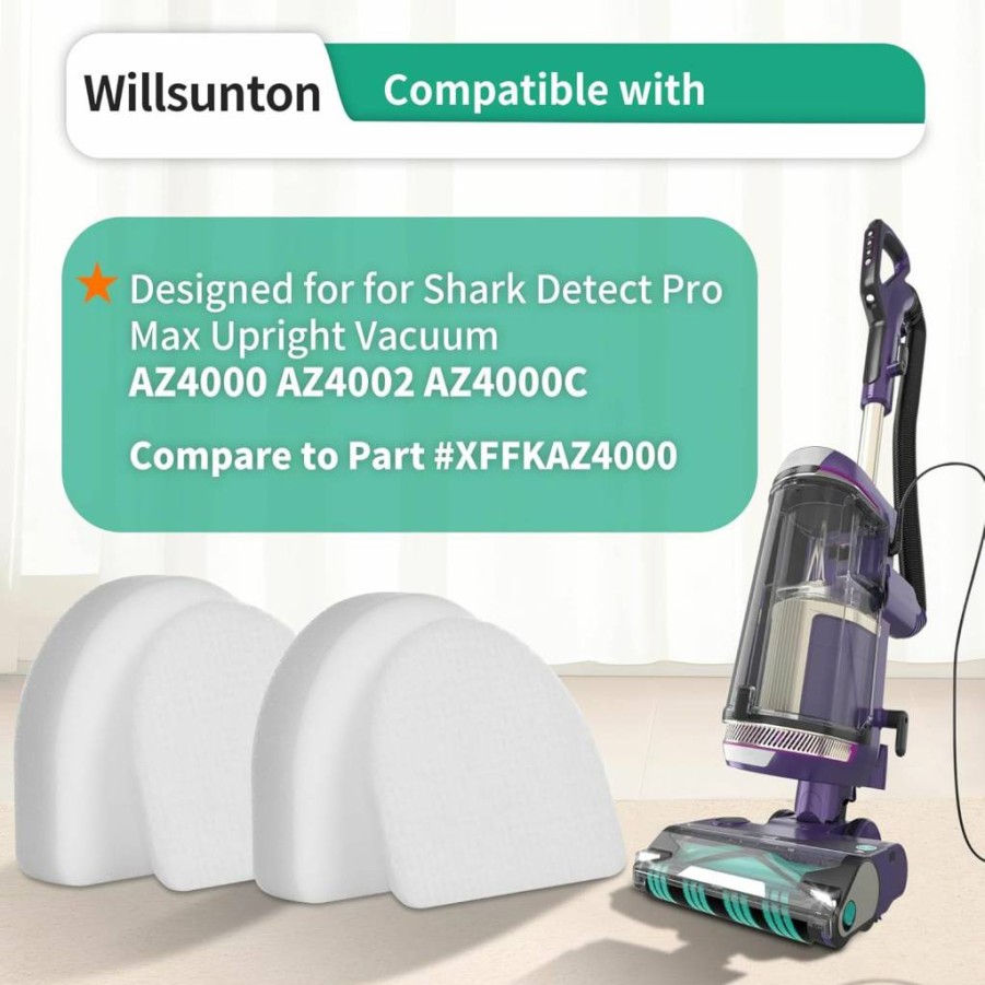 Willsunton 4-Pack Replacement Filters Compatible with Shark Powerdetect AZ4000 AZ4002 AZ4000C Vacuum - Includes 2 Foam & 2 Felt Filters - Replaces Part #XFAZ4000