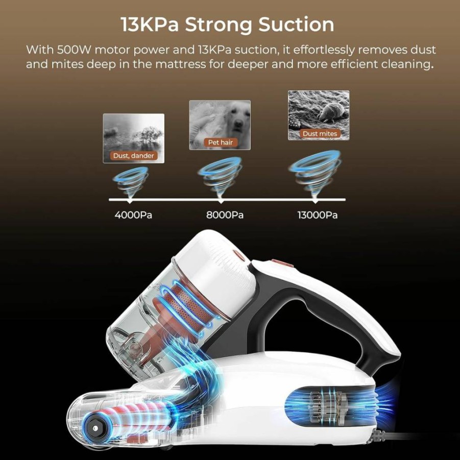 JIGOO 500W UV Bed Vacuum Cleaner with 13Kpa Strong Suction & High Heat Tech for Deep Cleaning Mattress, Sofa & Fabric Surfaces (Corded, 120V)