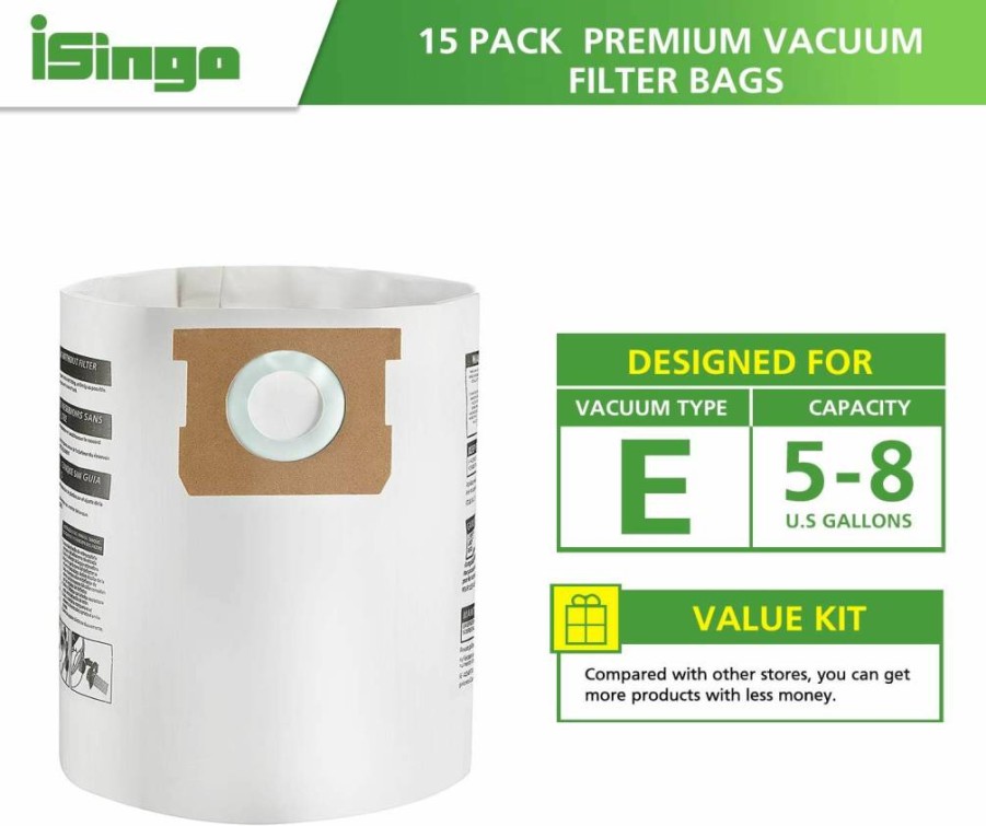 iSingo 15 Pack High-Efficiency Disposable Vacuum Filter Bags for Shop Vac - Compatible with Type E, H, VF2004, VHBS Models (5-8 Gallon)